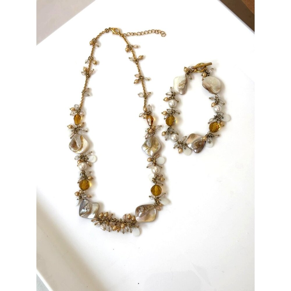 Gold Necklace & Bracelet Seashells Pearls & Gemstones Iridescent Accents Beach